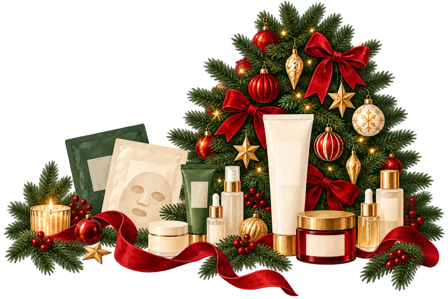 Christmas illustration with Christmas tree, red bows and care products